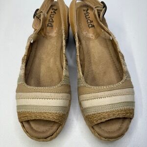 Mudd Eurich Tan Beige Striped Jute Espadrille Wedge Sandals Womens 8M Peep Toe‎